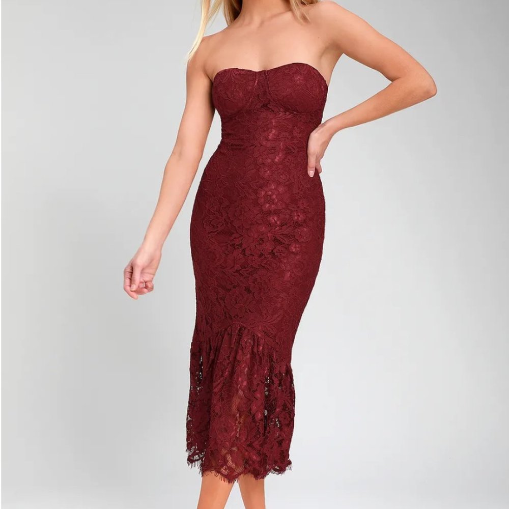 NWT! Divine Nights Burgundy Lace Strapless Midi